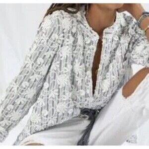 Anthropologie Pilcro The Whitney Embroidered Coastal Chic‎ Oversized Blouse L